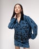 Embroidered Denim Jacket with Velvet Collar Dark Blue color
