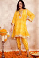 Cotton Silk Printed Geometric Round Embroidered Kurta and Pant Set Yellow color