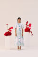 White Linen Floral Puff Sleeve Midi Dress White color