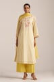 Cream-Gold Stripe and Floral Kurta Set Cream/Gold color