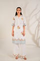 White Floral Straight Kurta Set with Trousers - Moh India - Image 1