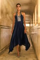 Embroidered Halter Metallic Maxi Blue color