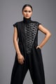 Jumpsuit with Woven Leather Panel Black color