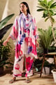 Scarf Chiffon Printed Blossom Mandarin Kurta Pant Set White/Pink color