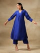 Blue Textured V-Neck Puff Sleeve Kurta Pant Set - Truebrowns - Image 1