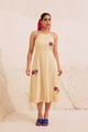 Ivory/Yellow Poplin Hand Block Floral Halter Neck Dress Ivory color