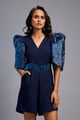 Navy Blue V-Neck Playsuit with Shimmer Belt Navy Blue color