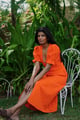 Orange Cotton Schiffli V-Neck Puff Sleeve Midi Dress - TARU JAIPUR - Image 1