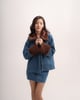 Embellished Denim Faux Fur Jacket Sky Blue color