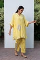 Lemon Yellow Linen Kaftan Kurta Set with Embroidery - Omi Clothing - Image 1