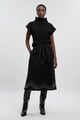Denim Placed Stud Tie Belt Full Midi Skirt Black color