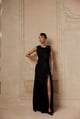 Black Satin Bias-Cut Maxi Gown with Lace Slit - Sage by Mala - Image 1
