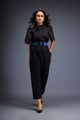 Jumpsuit with Puffed Sleeves and Dual Belt Black color