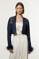 Figure Form Bandage Embellished Feather Cuff Crop Knit Jacket Navy color