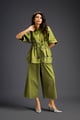 Butterfly Embellished Drawstring Shirt & Wide-Leg Pants Set Green color