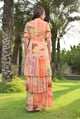Mandarin Maxi Multi Color Ruffler Pleated Maxi Dress Orange/Green color