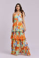 Valerie Abstract Print Ruffle Maxi Dress Orange/Blue/Green color