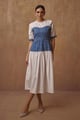 Mettalic Denim Midi Dress Cream/Blue color