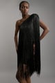 Figure Form Bandage One Shoulder Fringe Mini Knit Dress Black color