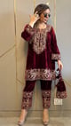Maroon Velvet Haniya Hand Embroidered Co-Ord Maroon color