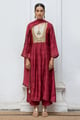 Wine Raw Silk Printed and Hand Detailed Festive Salwar Suit Red color