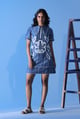 Blue Striped Cotton Silk Mini Dress with Floral Appliqué - MANVI DAGA STUDIO - Image 1