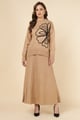 Big Floral Embroidered Skirt Set Light Brown color