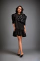 Mini Dress with Ruffled Hem and Metallic Appliqu� Shoulder Detailing Black color