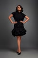 Ruffled Skirt and Structured Blouse with Floral Embroidery Black color