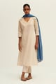 Cream and Blue Cotton Linen Emb Salwar Suit Cream/Blue color