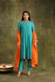 Turquoise Mirror Work Silk Chanderi Suit Set Blue color