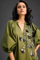 Rust Metallic Floral Embroidered Dress Green color