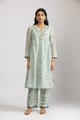 Ice Blue Floral A-Line Kurta Set with Embroidered V-Neck - Trendy Tokari - Image 1