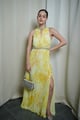 Abstract Floral Crystal Embellished Woven Split Maxi Dress Yellow color