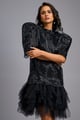 Black Shimmer Dress with Puff Sleeves & Tulle Hem Black color