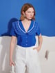 Cobalt Blue Embroidered Ruffle Collar Button-Down Blouse - SISTER JANE - Image 1