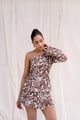 Brown Abstract One Shoulder Top with Belt Brown/White color
