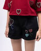 Pleated Denim Shorts With Multi-Colour Embellished Hearts Black denim color