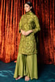 Green Olive Full Embroidered Raw Silk Kurta Set Green Olive color