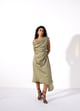 Linen Satin Blend Asymmetrical Pleated Dress Green color