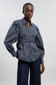 Cotton Poplin Drama Sleeve Woven Wrap Blouse Dark Blue color