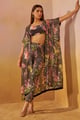 Enchanted Flora Sequins Georgette Flora Cape and Pant with Printed Bustier Black color