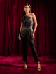 Black One Shoulder Jumpsuit with a Mesh Bow Black color