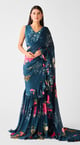 Teal Embroidered Chinon Floral Saree Blue color