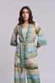 Aurelia Scenery Print Three Piece Co-Ord Set with Bustier, Pants and Kimono Style Top Green/Blue/Beige color