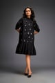 Dress with Puff Sleeves and Glossy Metallic Discs and a Ruffled Hemline Black color