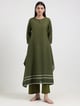 Cotton Striped A-Line Kurta - Green - Pink Fort - Image 1