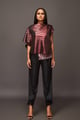 Pleated Metallic Hi Low Overlap Tunic Brown color