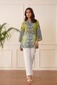 Blue Green Printed Top with White Linen Pants Green & Blue color