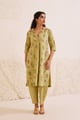 Sage Green Linen Cotton Hand Block Floral Print Kurta Set Sage Green color